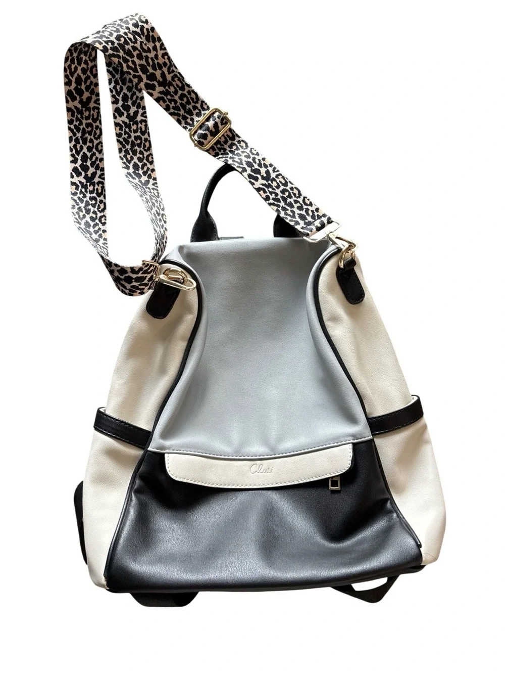 Tri-Tone Navy, White & Gray Leather Backpack with Leopard Strap